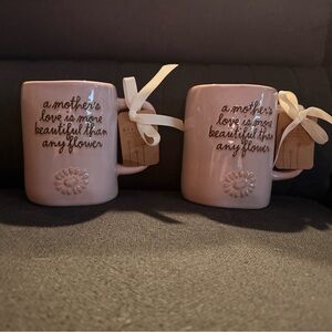 Rae Dunn Pink Ceramic Mug Set with Floral Accent and Sentiment